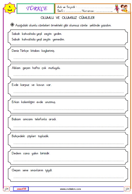 4. Sınıf Türkçe Olumlu ve Olumsuz Cümle Etkinliği 2